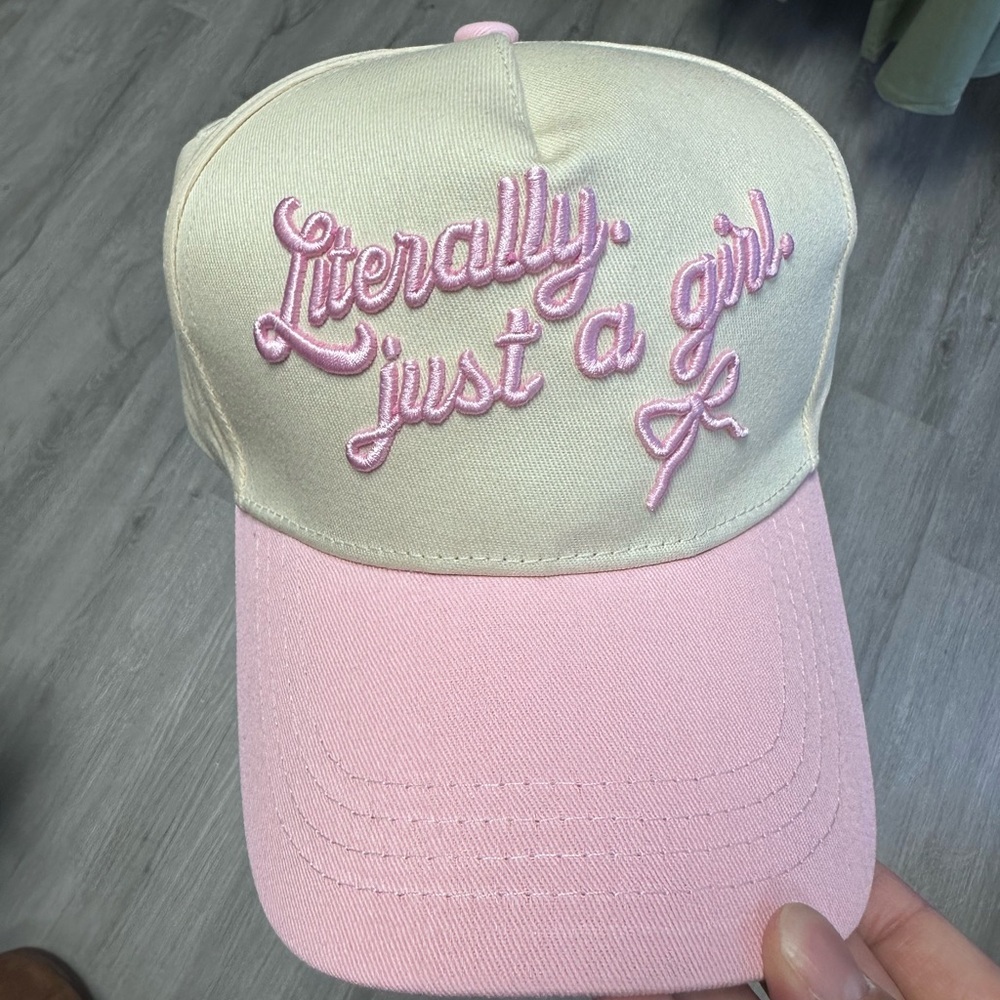 Light Pink Embroidered Literally Just a Girl Bow Coquette Trucker Hat Cap